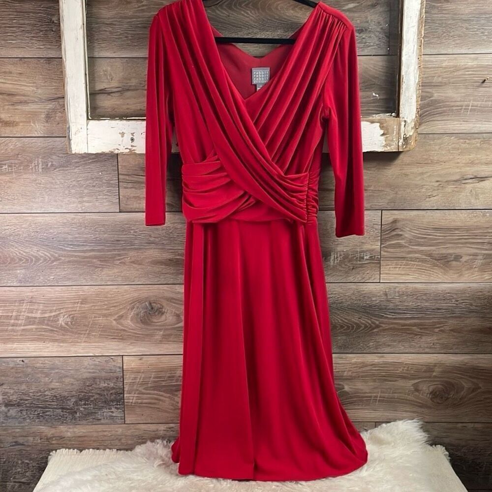 RABBIT RABBIT RABBIT Designs Womens Faux Wrap Midi Ruched Party Dress Red Sz 12
